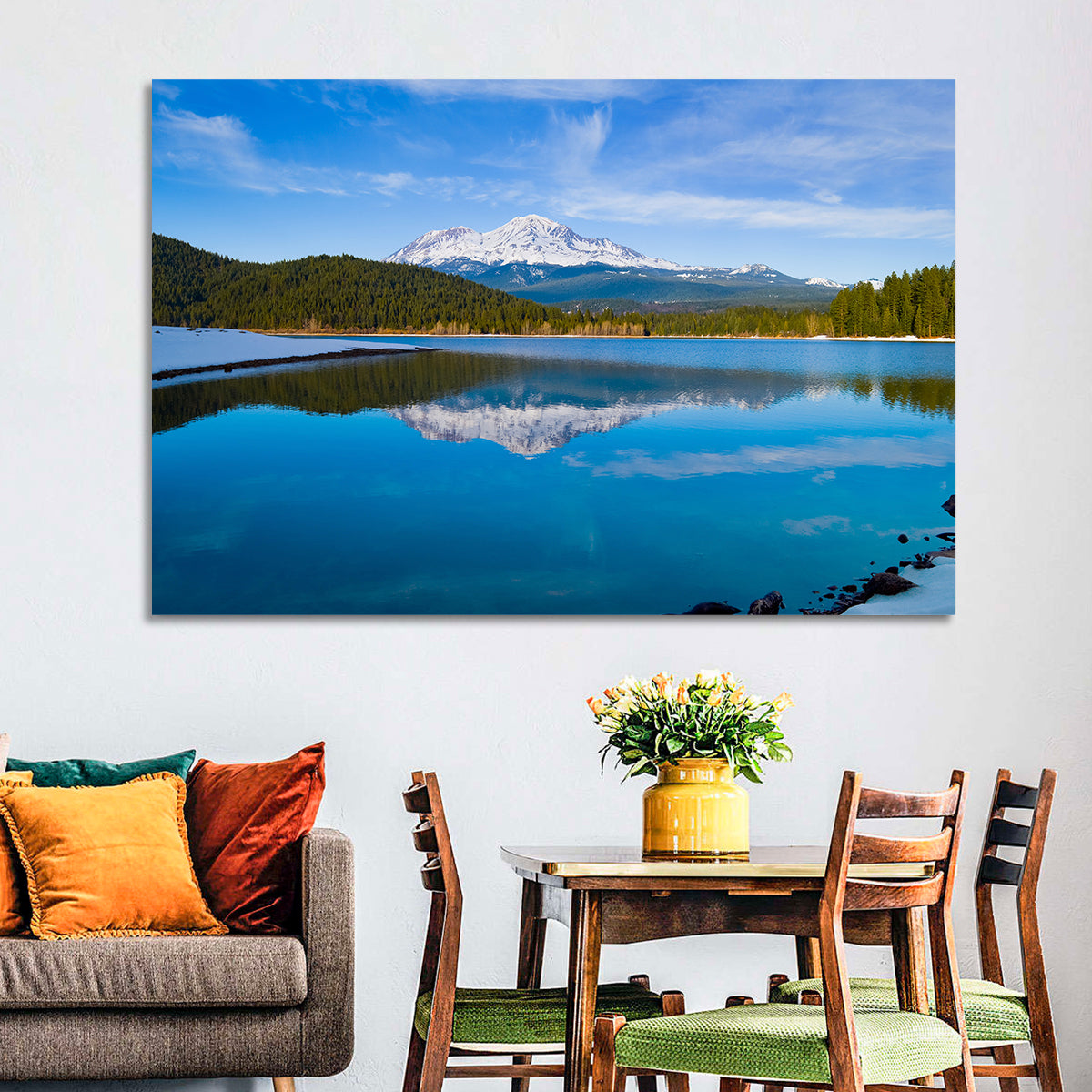 California Mountain Lake Reflection Wall Art in a room, landscape
