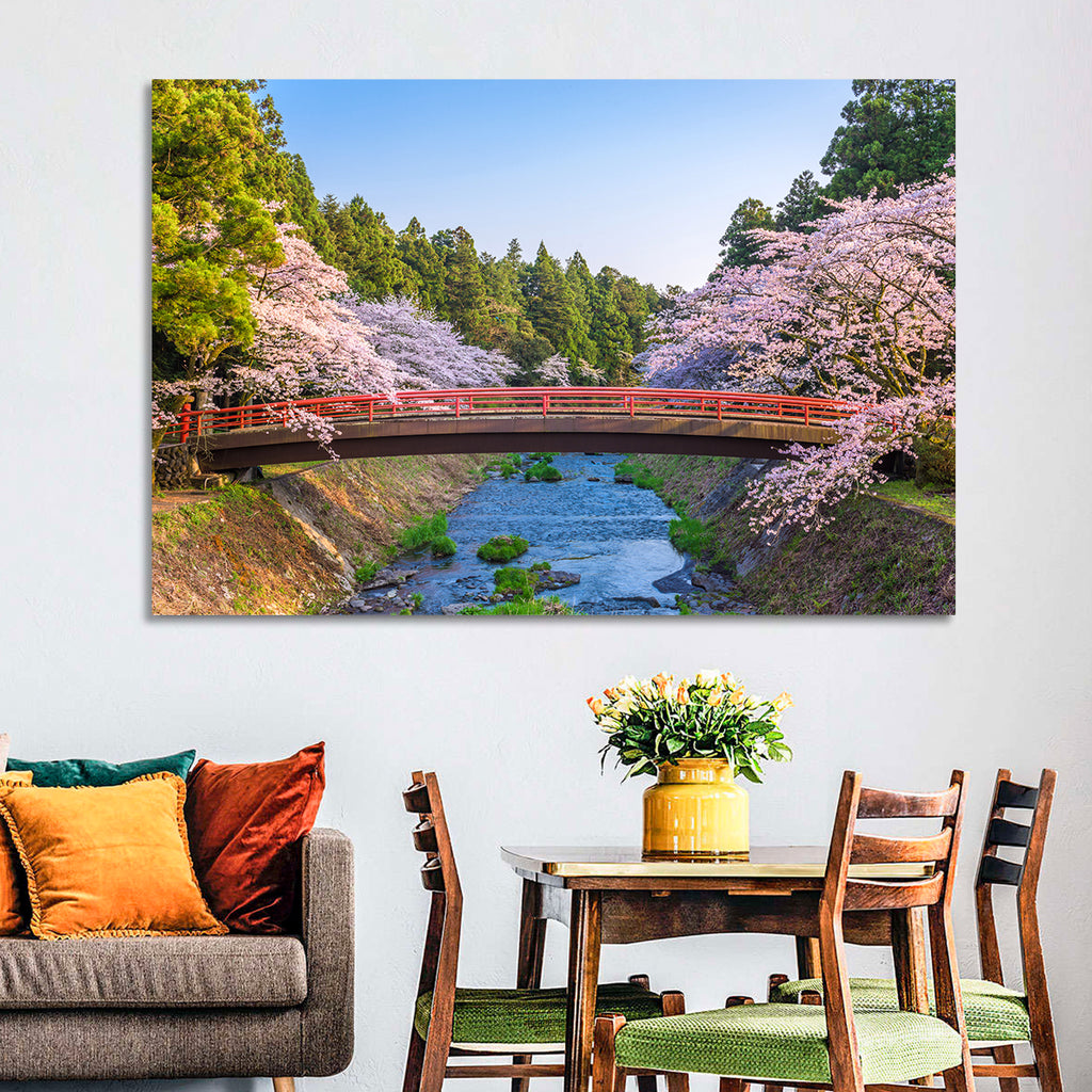 Arched Red Bridge with Cherry Blossoms Wall Art