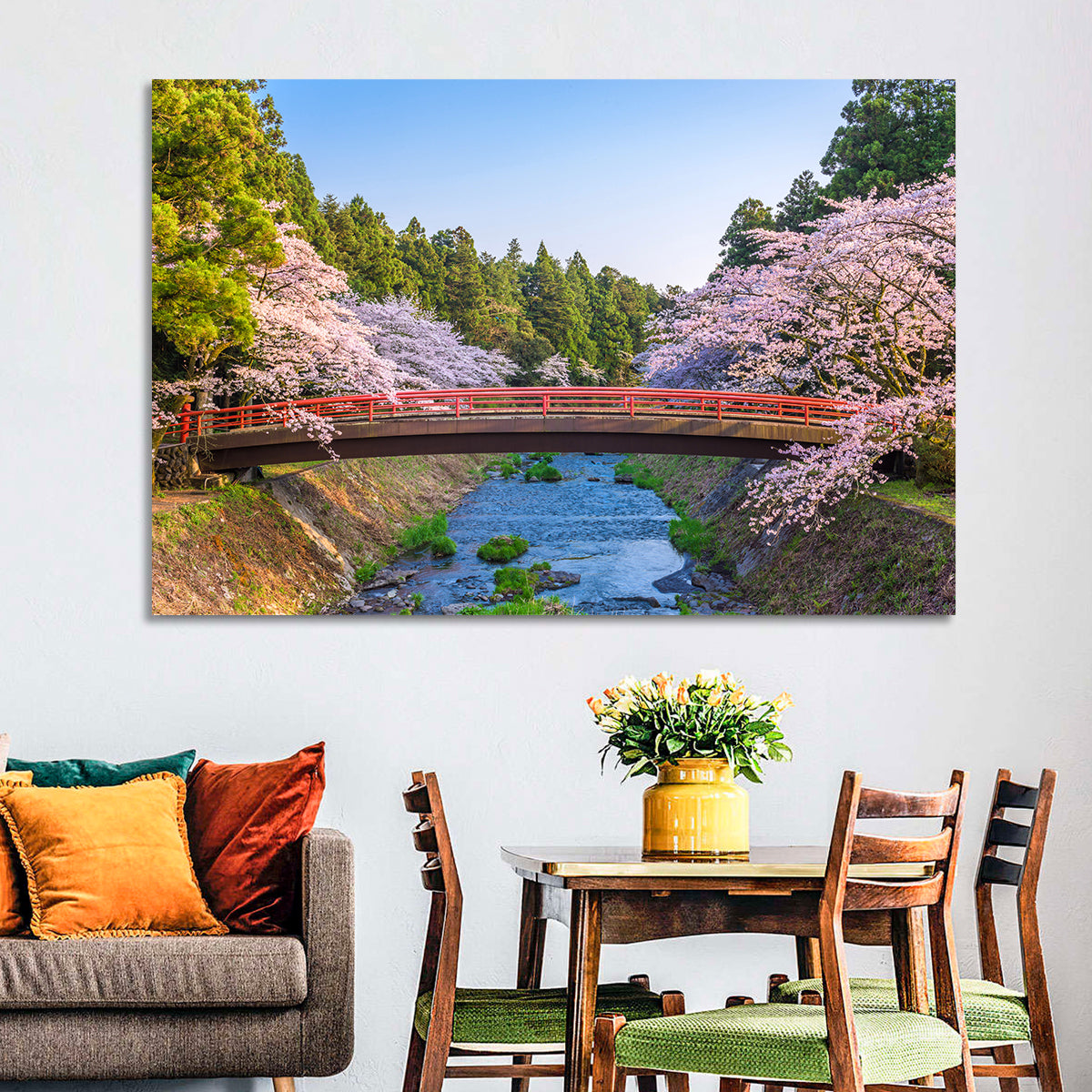 Arched Red Bridge with Cherry Blossoms Wall Art in a room, landscape