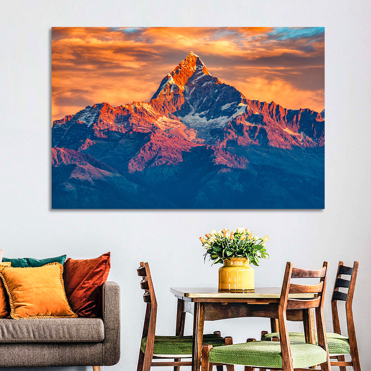 Machhapuchhre Sunrise Over Pokhara Wall Art in a room, landscape
