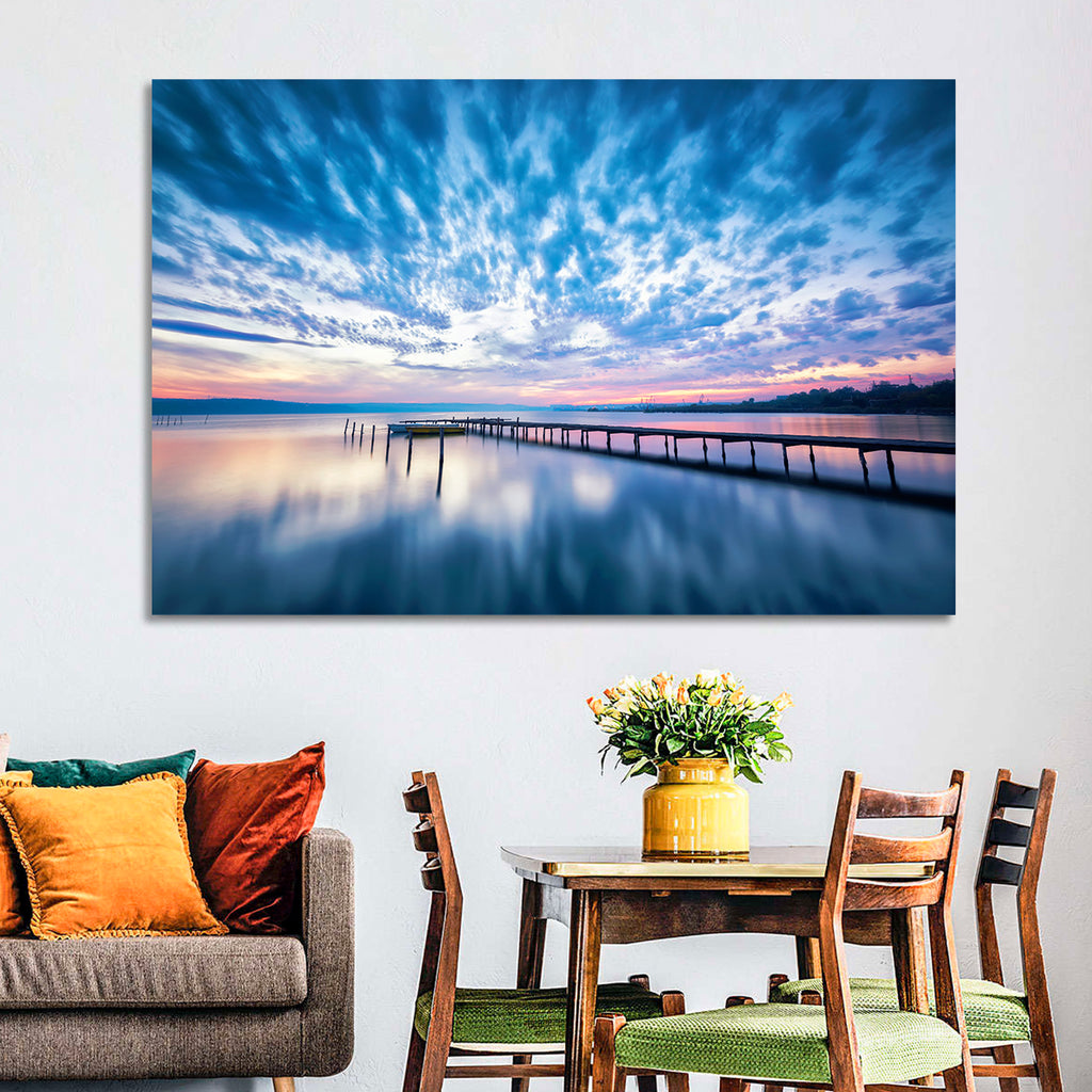 Cloudy Lake Pier at Dusk Wall Art