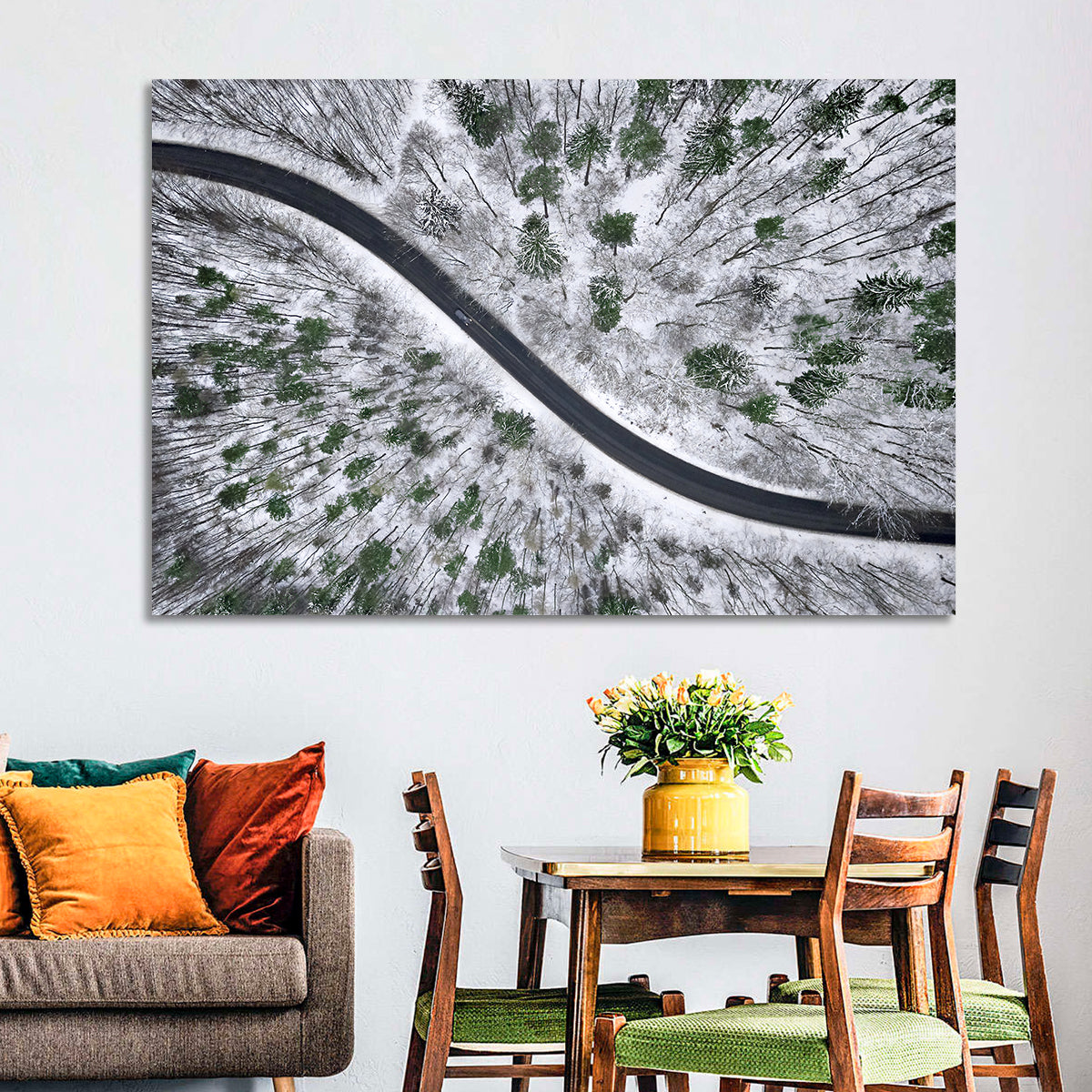 Snowy Forest Road Wall Art in a room, landscape
