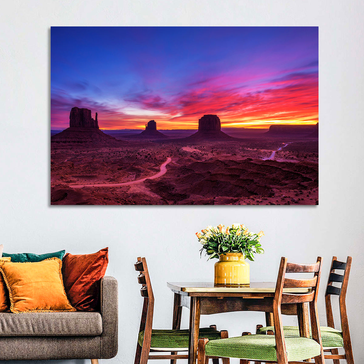 Monument Valley Arizona Sunset Wall Art in a room, landscape