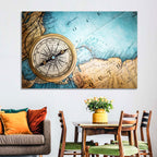 Vintage Compass Over Atlantic Map Wall Art