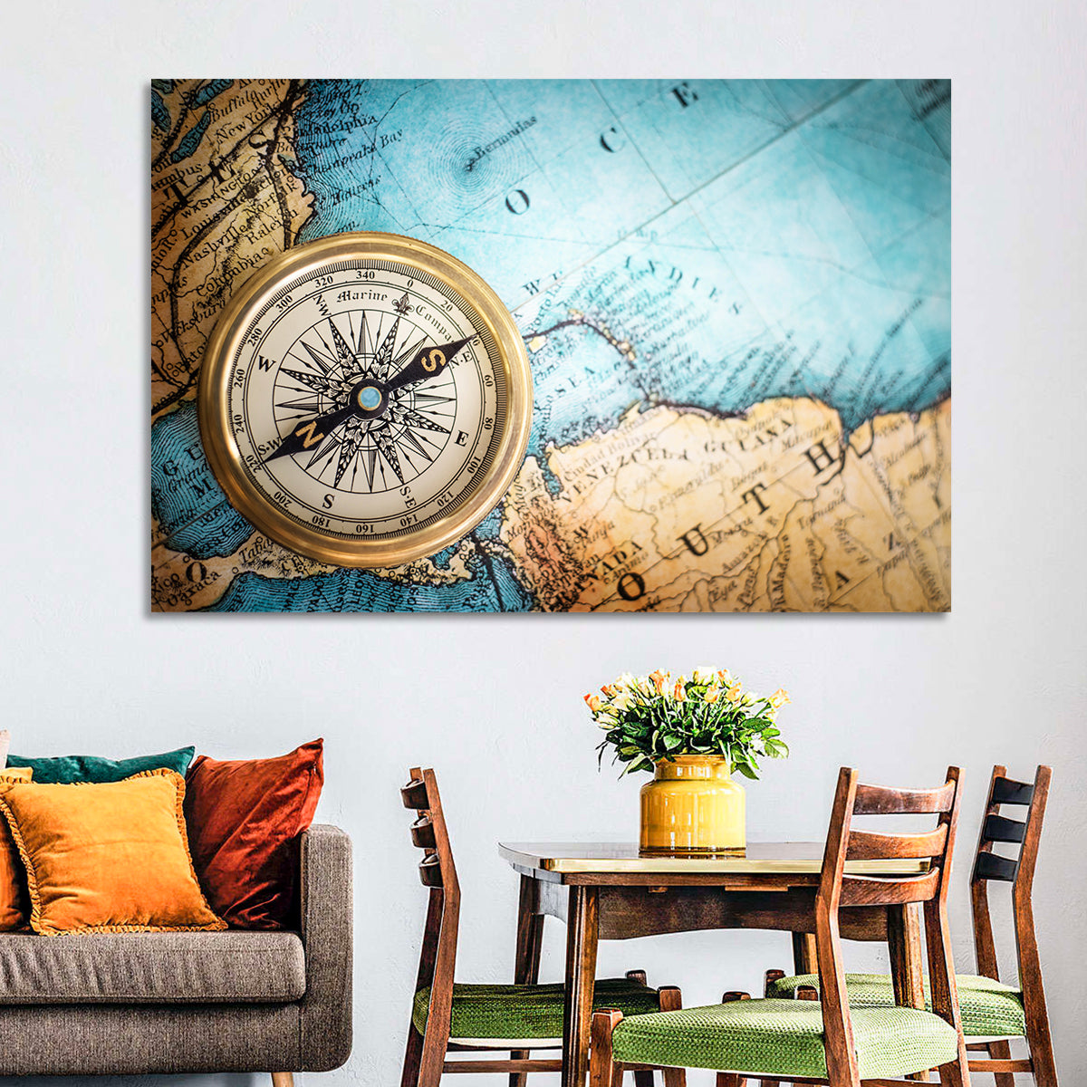 Vintage Compass Over Atlantic Map Wall Art