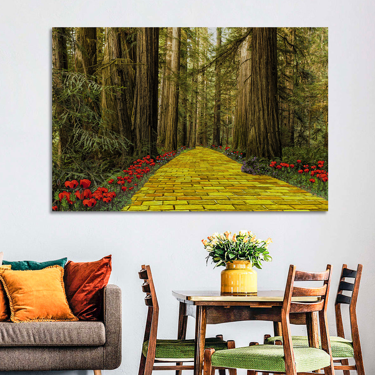 Yellow Brick Path Through Redwoods Wall Art in a room, landscape