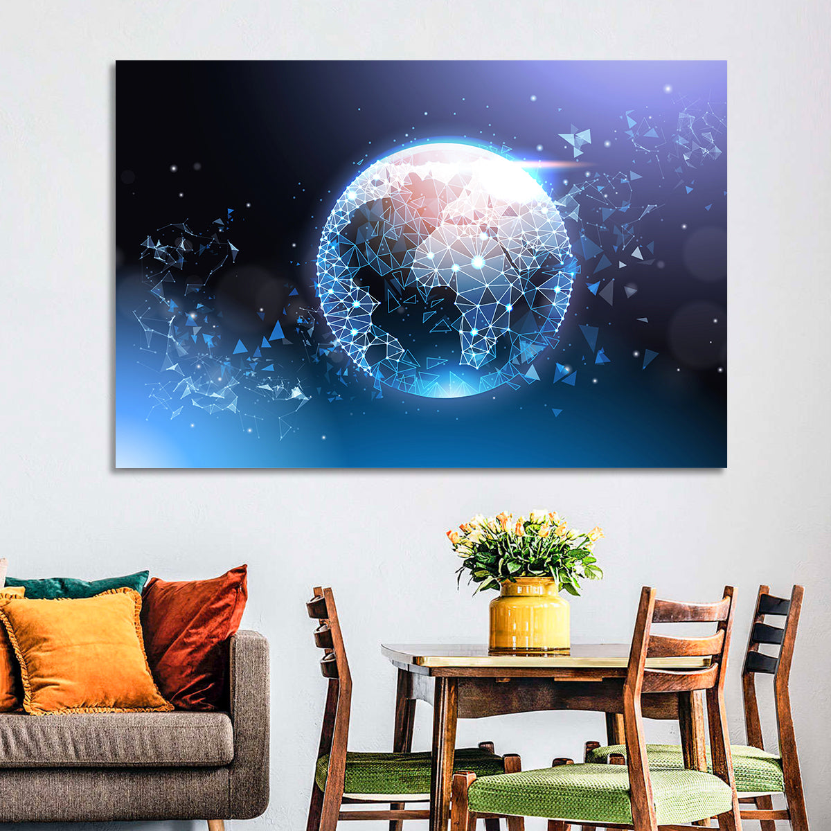 Wireframe Globe Network Wall Art in a room, landscape