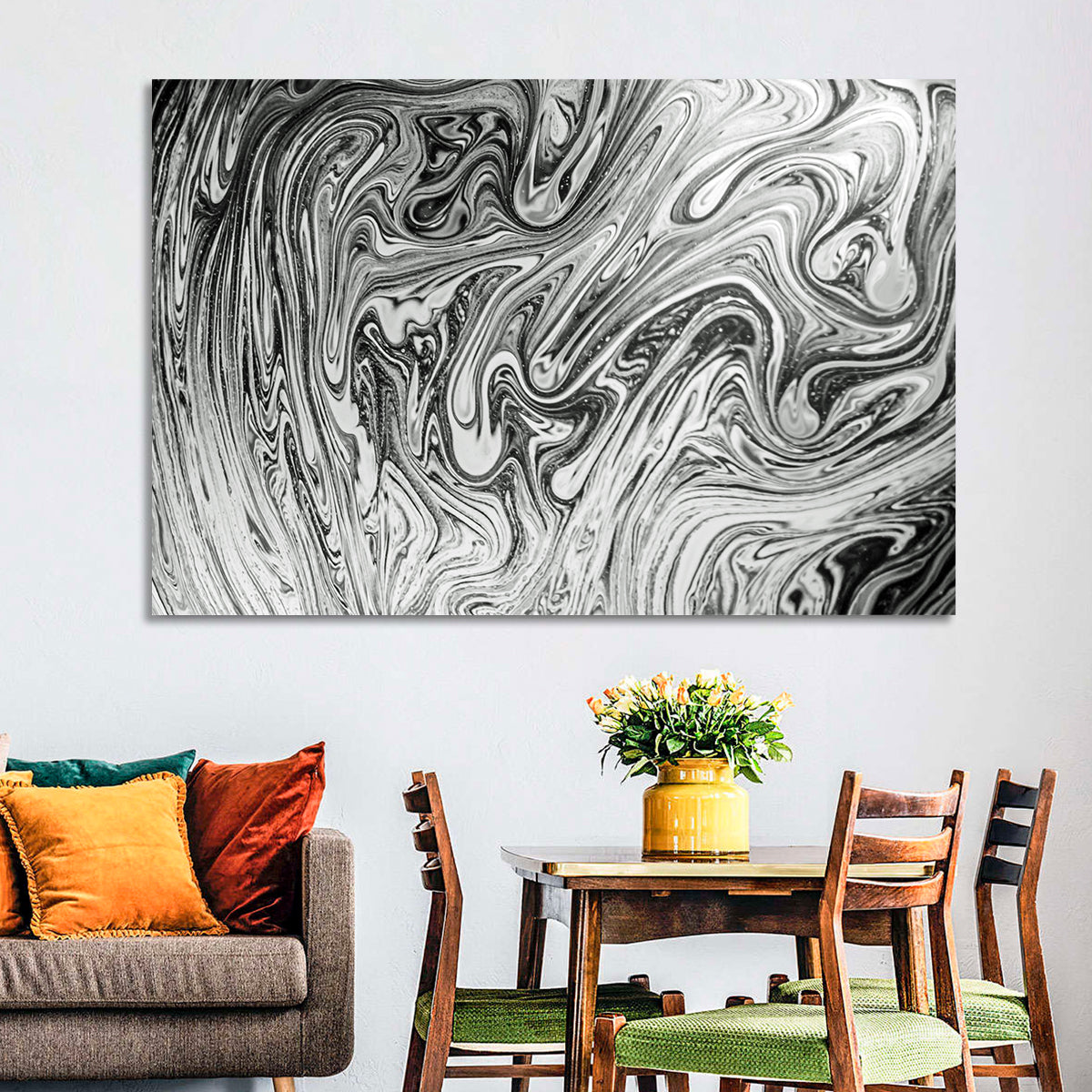 Ink Swirl Monochrome Abstract Wall Art in a room, landscape