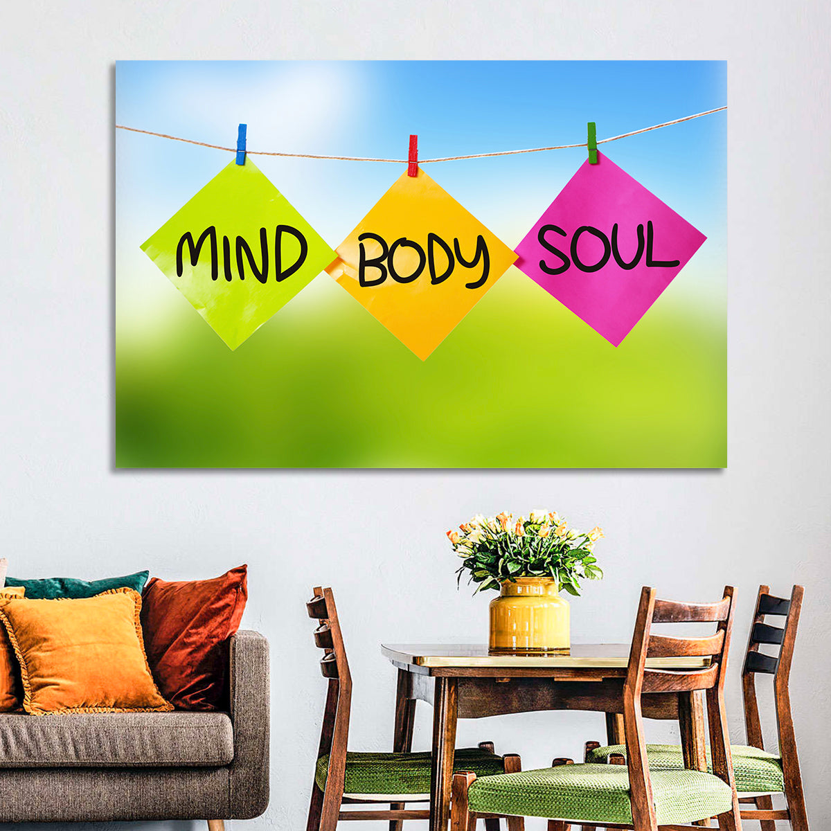 Mind Body Soul Paper Trio Wall Art in a room, landscape