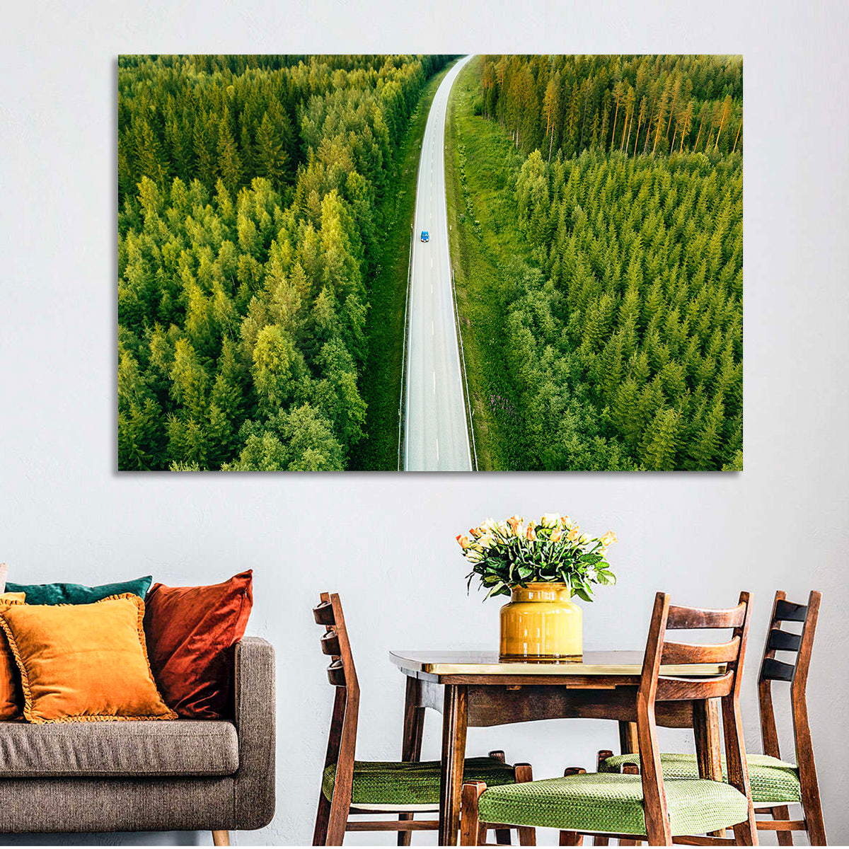 Blue Car on Forest Road Wall Art