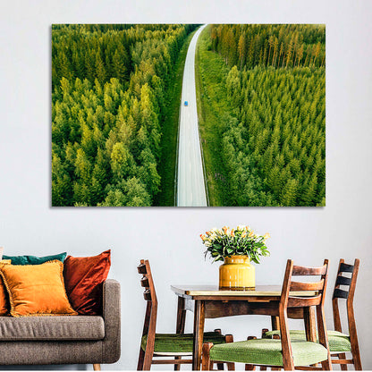 Blue Car on Forest Road Wall Art