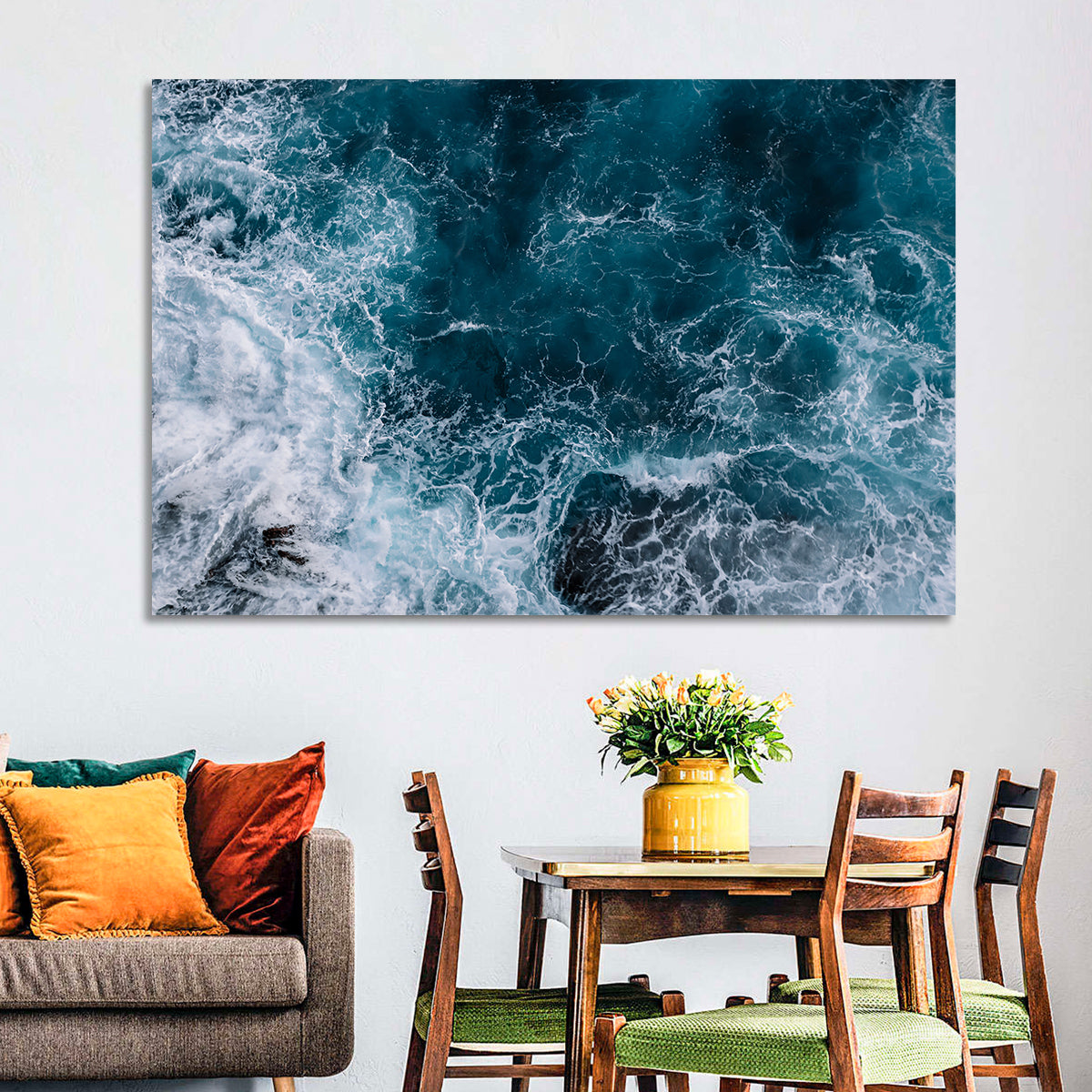 Aerial Swirling Ocean Waves Wall Art in a room, landscape