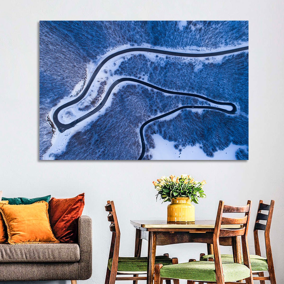 Montenegro Snowy Mountain Road Wall Art in a room, landscape