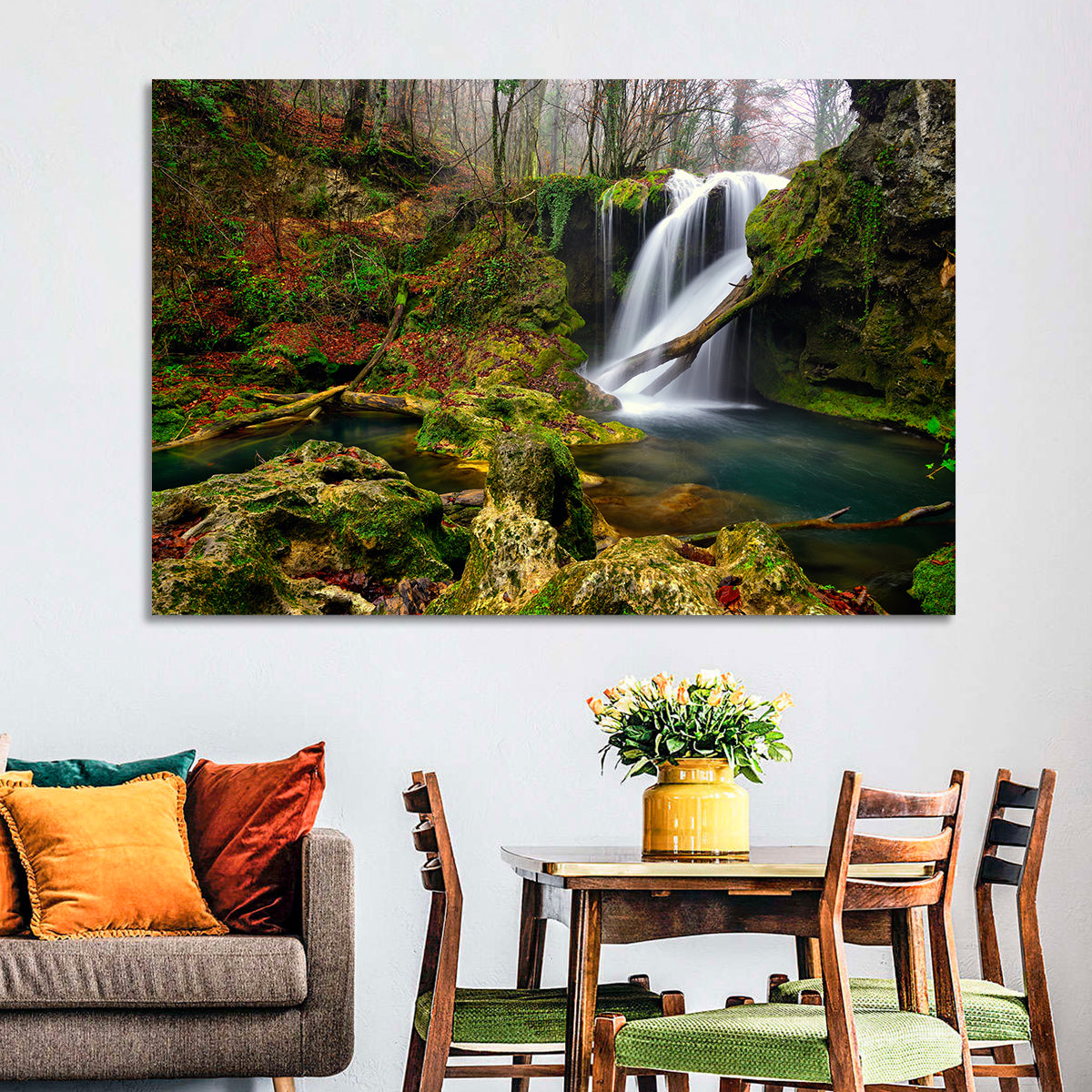 Cheile Nerei Mossy Waterfall Wall Art in a room, landscape