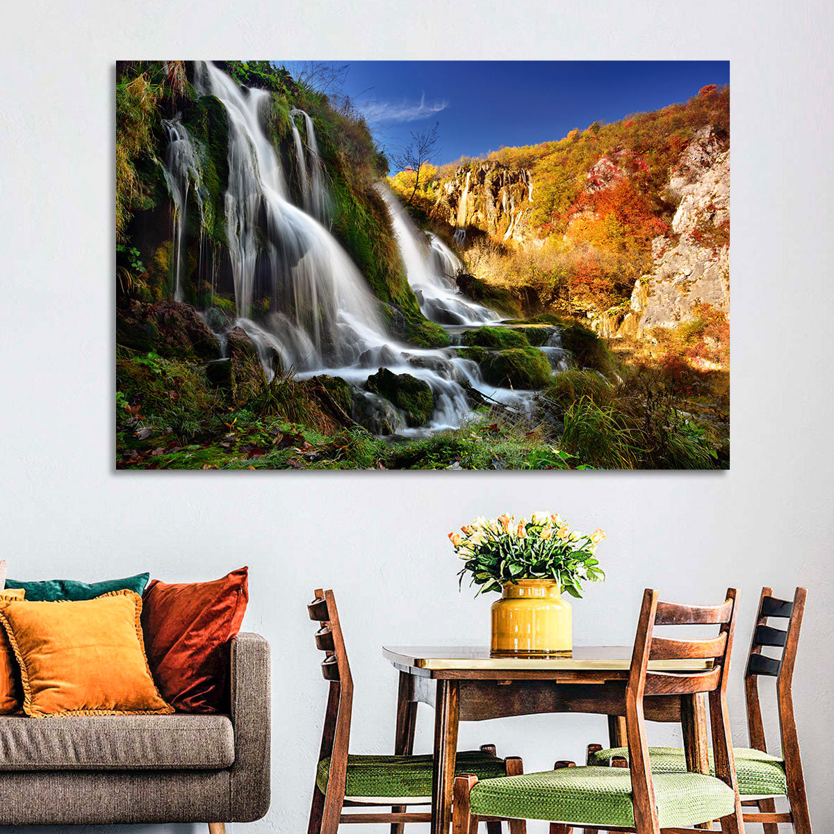 Plitvice Lakes Waterfall Wall Art in a room, landscape