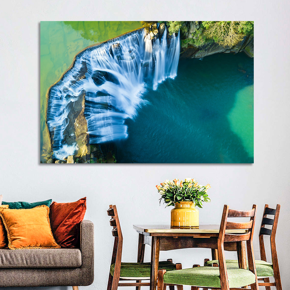 Shifen Waterfall Aerial Wall Art in a room, landscape