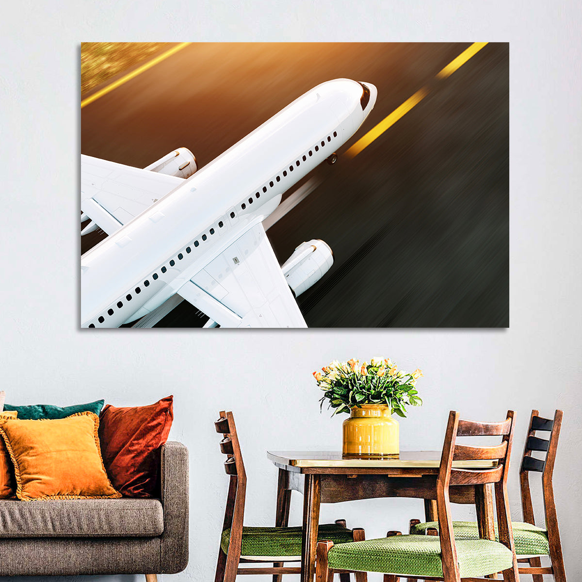 Commercial Jet Takeoff at Sunset Wall Art in a room, landscape