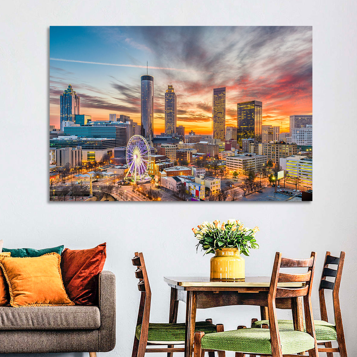 Atlanta Skyline with Skyview Wheel Wall Art in a room, landscape