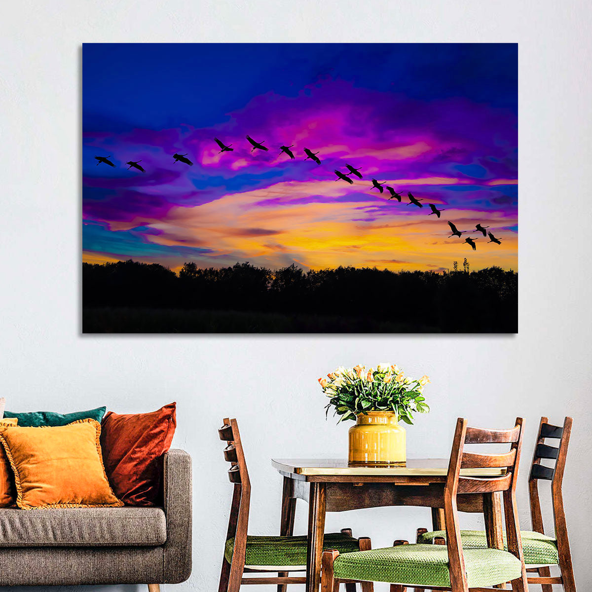 Silhouetted Cranes at Dusk Wall Art