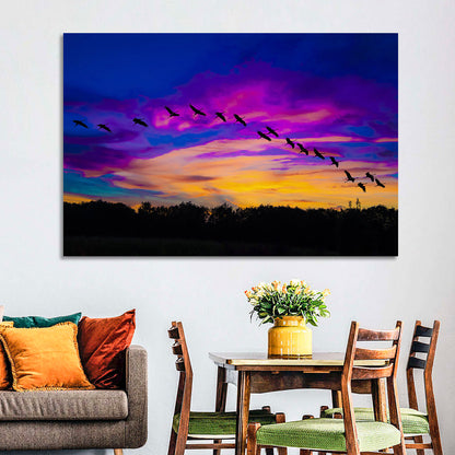 Silhouetted Cranes at Dusk Wall Art