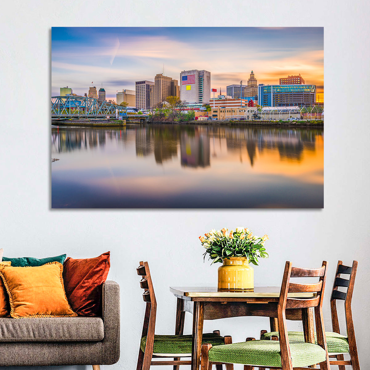 Providence Skyline at Golden Hour Wall Art in a room, landscape