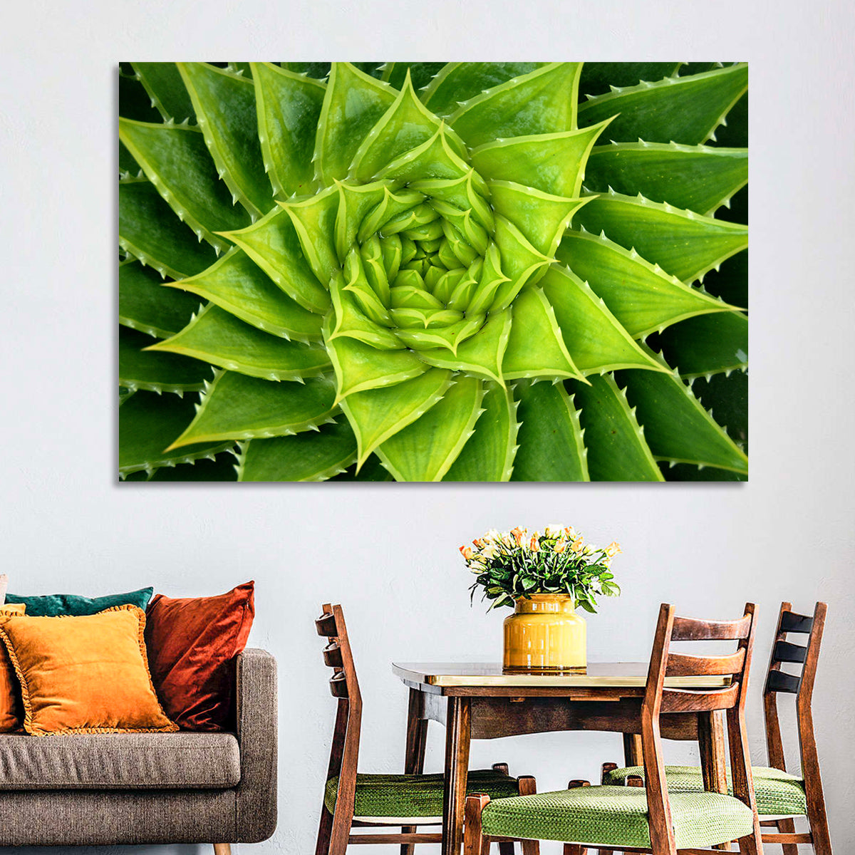 Spiral Aloe Succulent Wall Art in a room, landscape