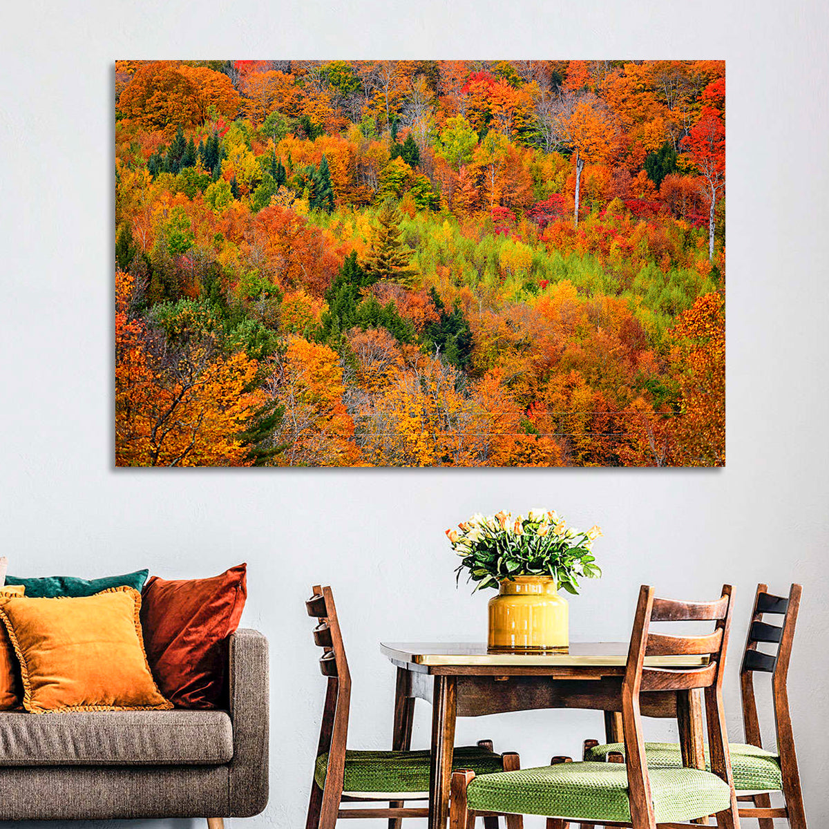 Vermont Autumn Mountain Forest Wall Art in a room, landscape