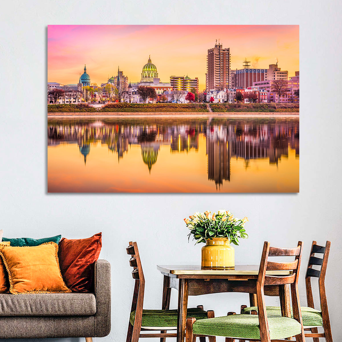 Harrisburg Golden Hour Skyline Wall Art in a room, landscape