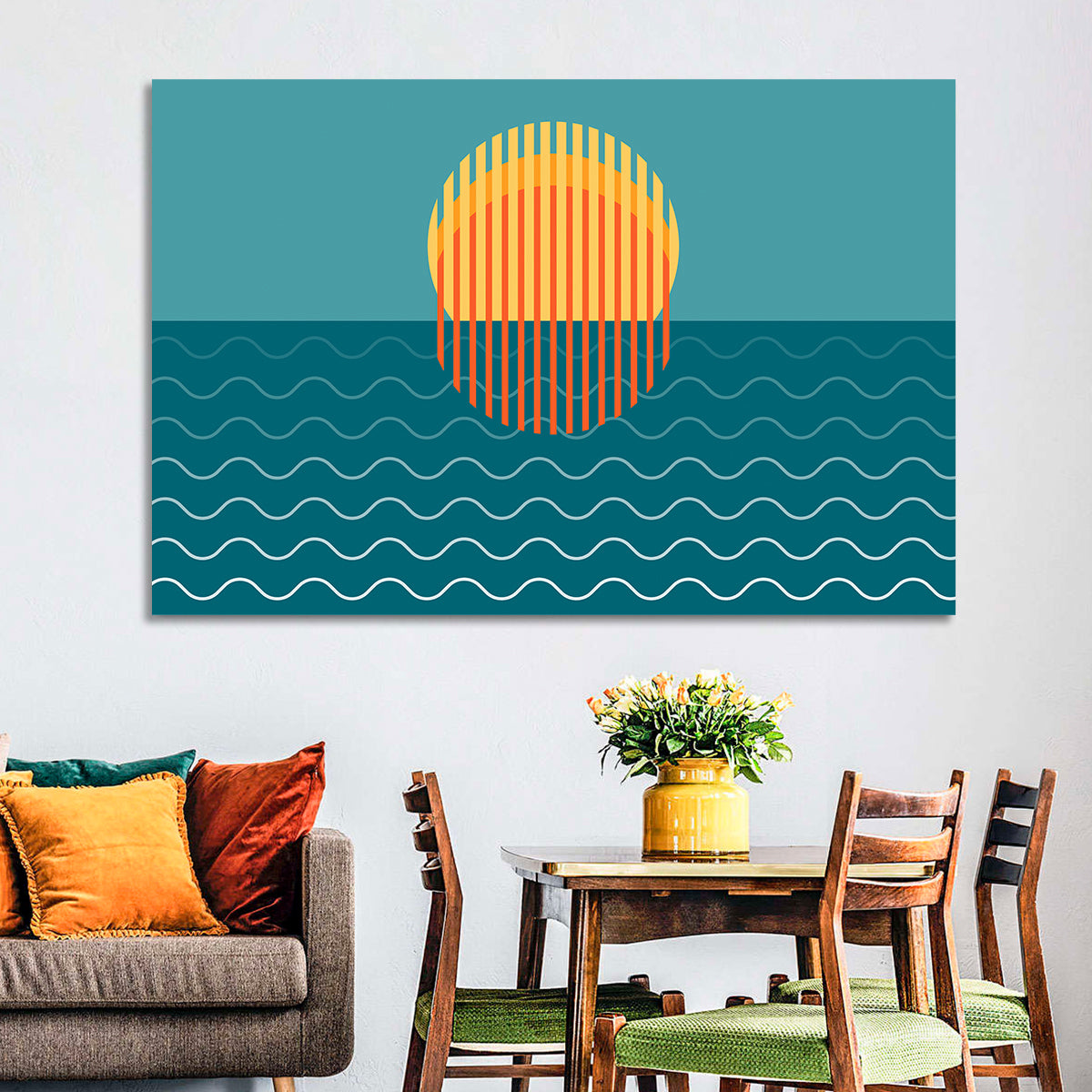 Teal Ocean Sunset Illustration Wall Art