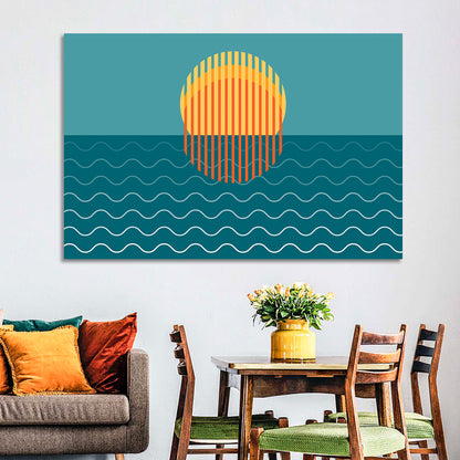 Teal Ocean Sunset Illustration Wall Art
