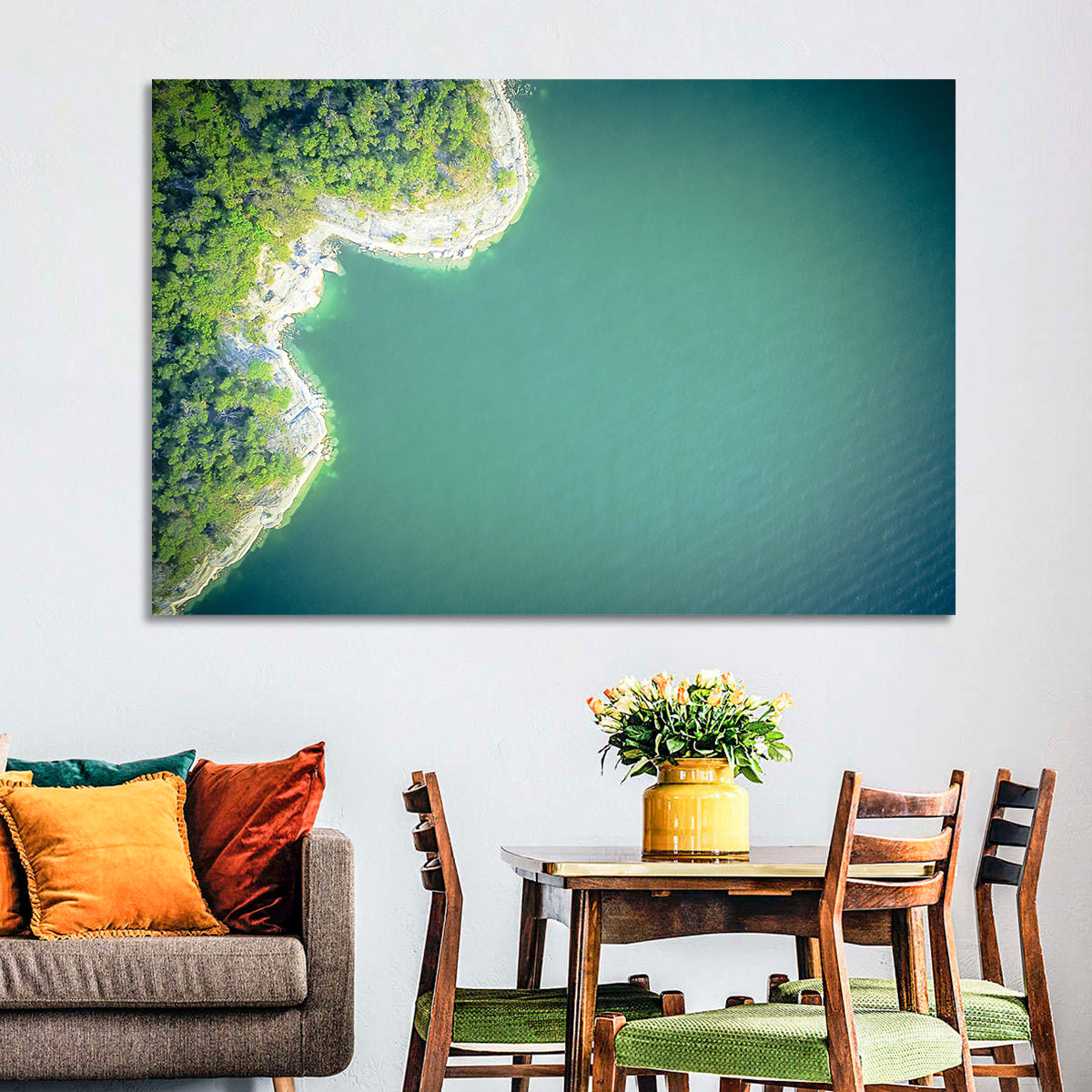 L-shaped Coastline Over Teal Lake Wall Art