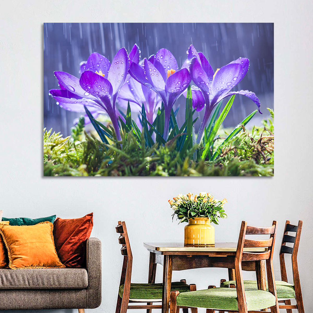 Rainy Purple Crocuses Wall Art in a room, landscape