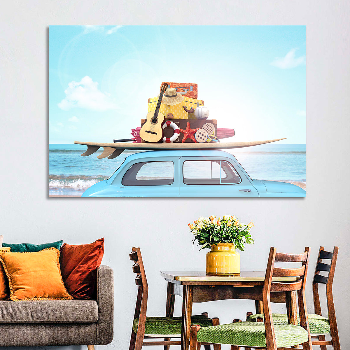 Vintage Car with Surfboard Wall Art in a room, landscape