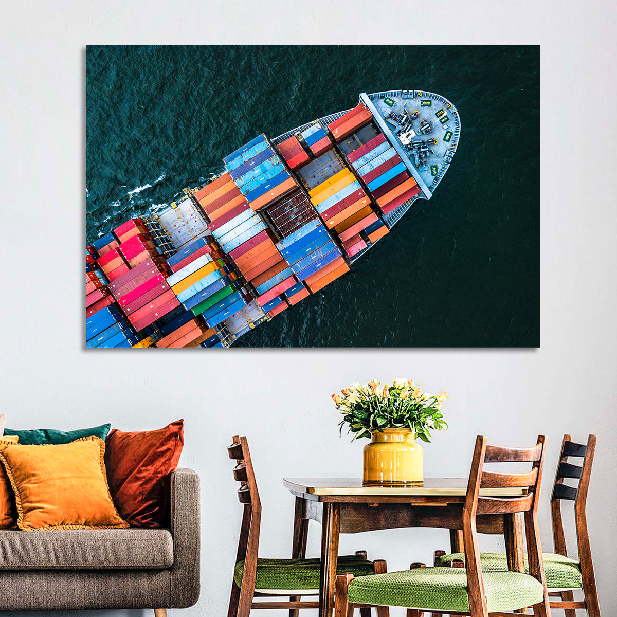 Container Ship Aerial View Wall Art in a room, landscape