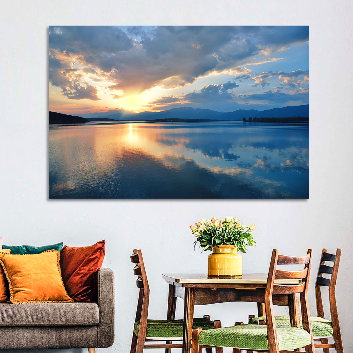 Golden Hour Lake Reflection Wall Art in a room, landscape