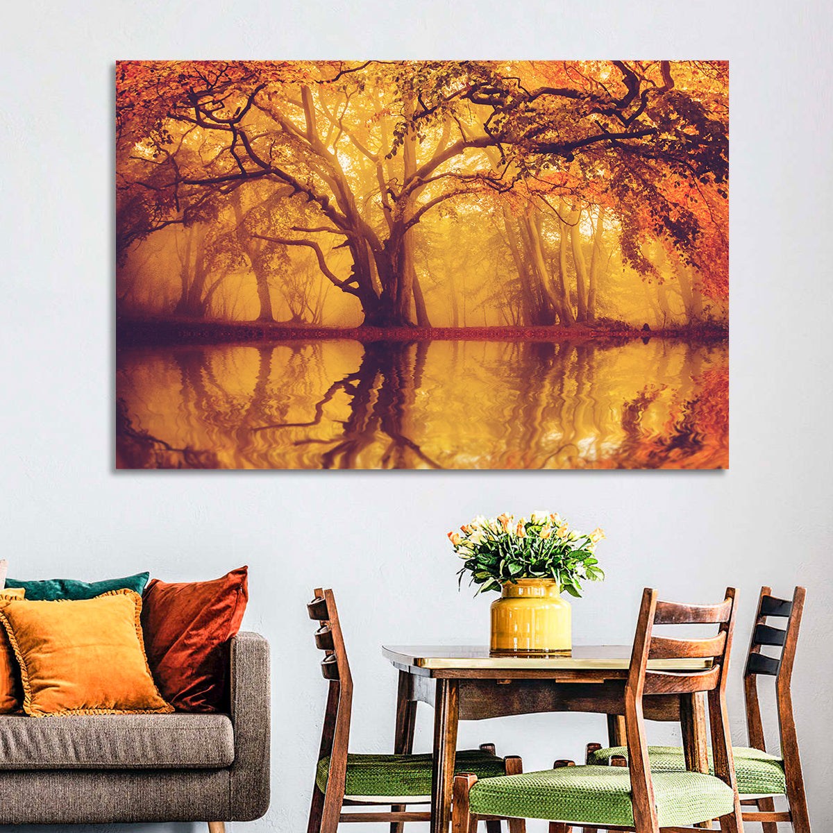 Golden Mist Forest Reflection Wall Art