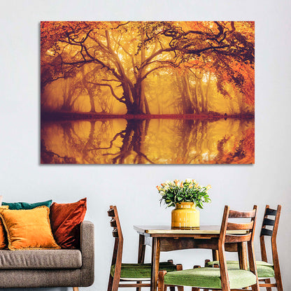 Golden Mist Forest Reflection Wall Art