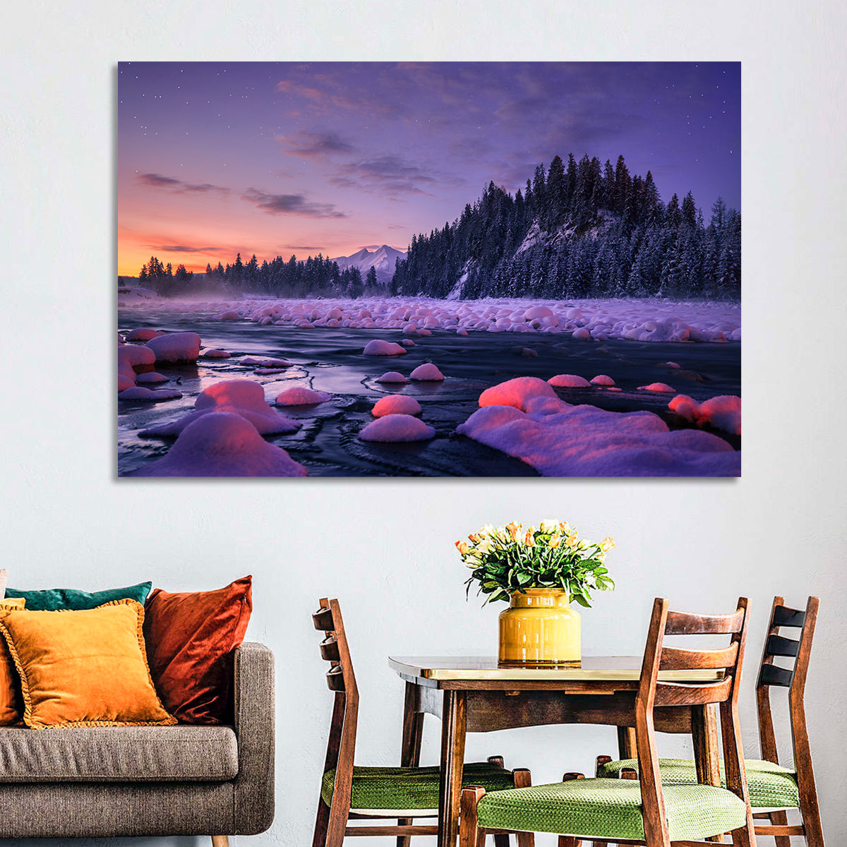 Twilight River and Snowy Pines Wall Art