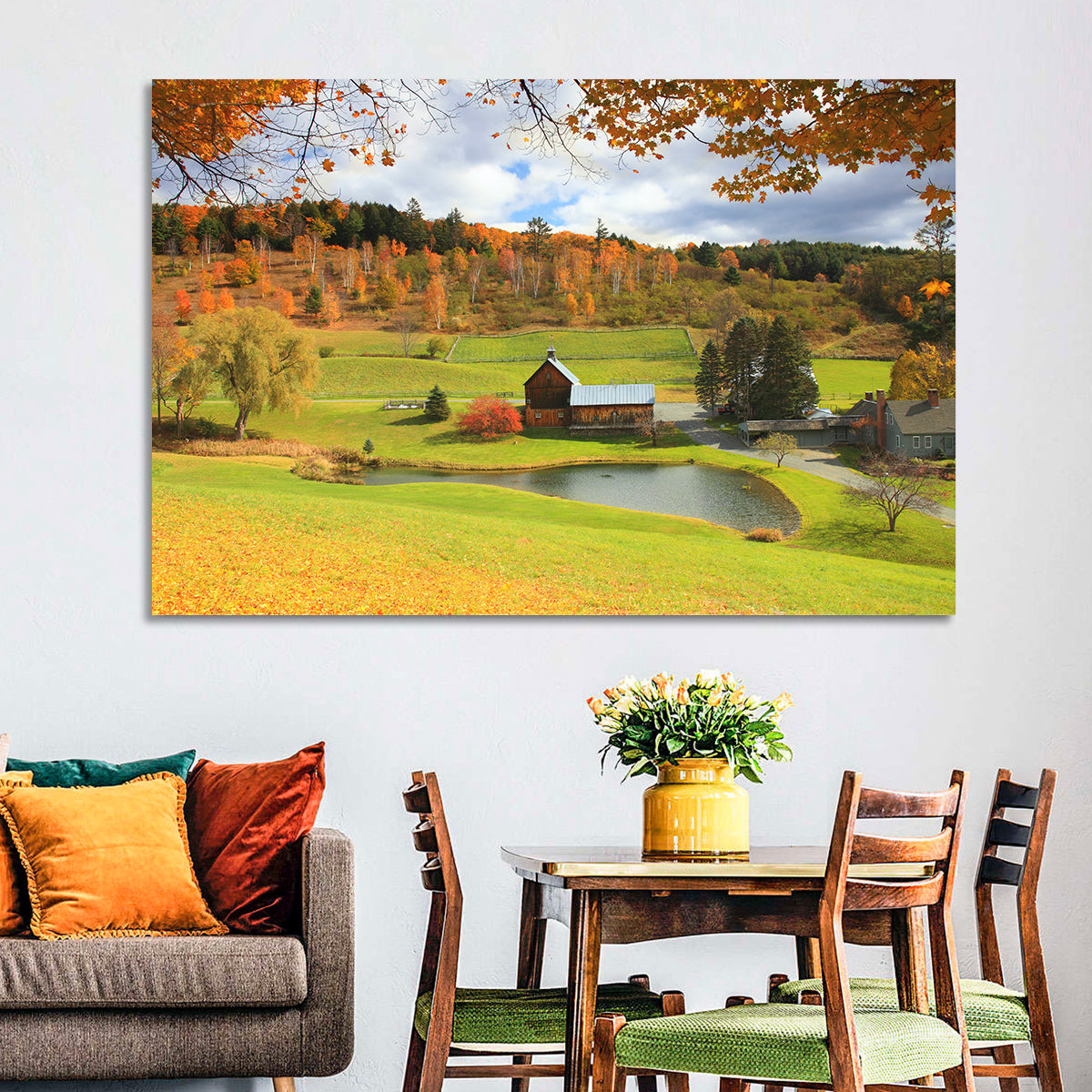 Vermont Barn by Pond Wall Art in a room, landscape