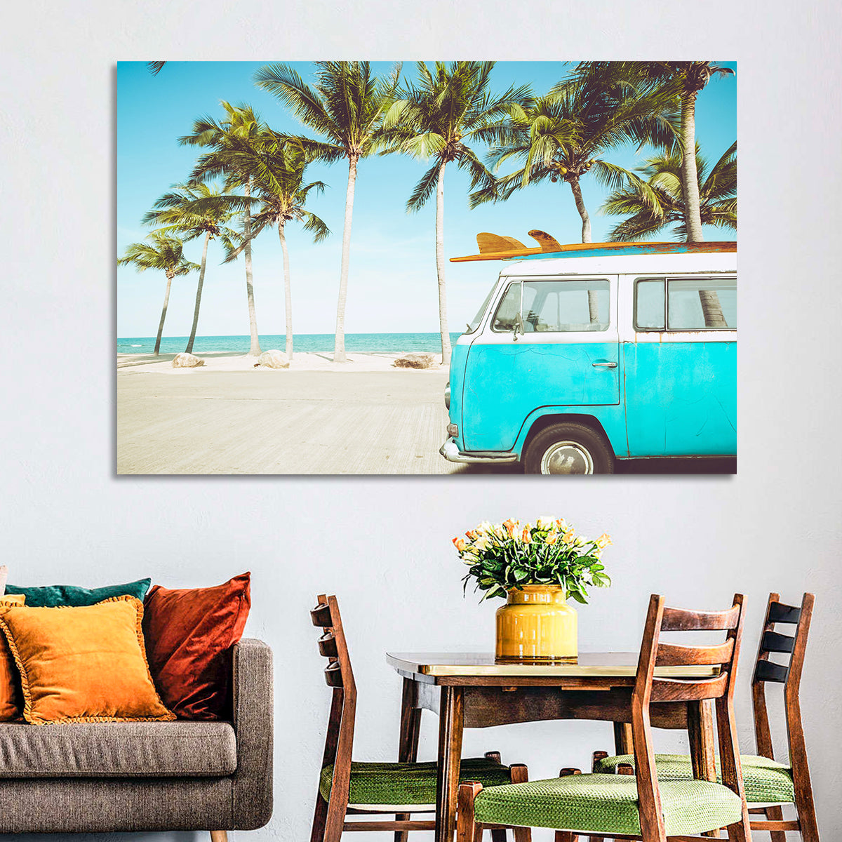 Vintage Vw Bus on Tropical Beach Wall Art in a room, landscape
