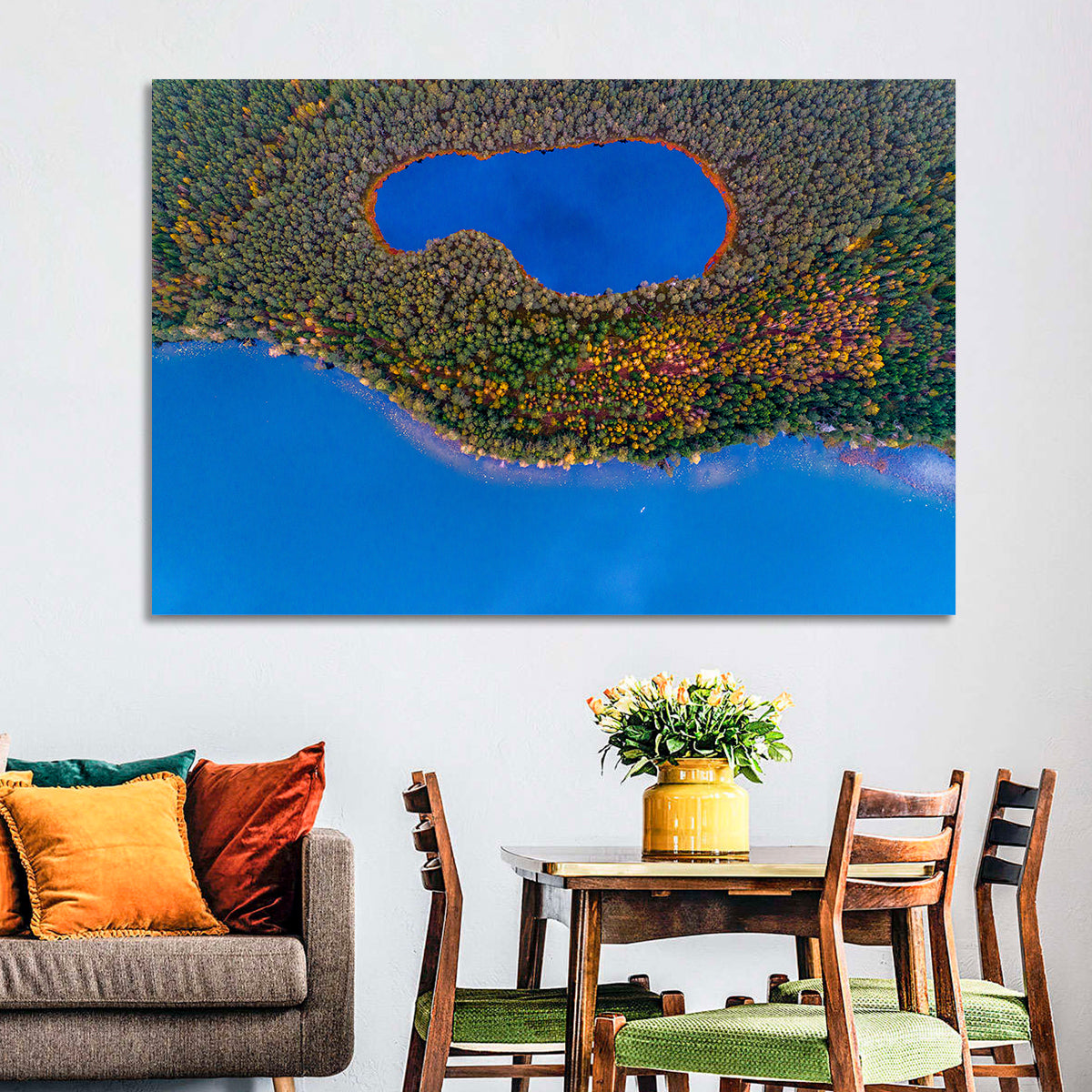Autumn Forest Lake Wall Art in a room, landscape