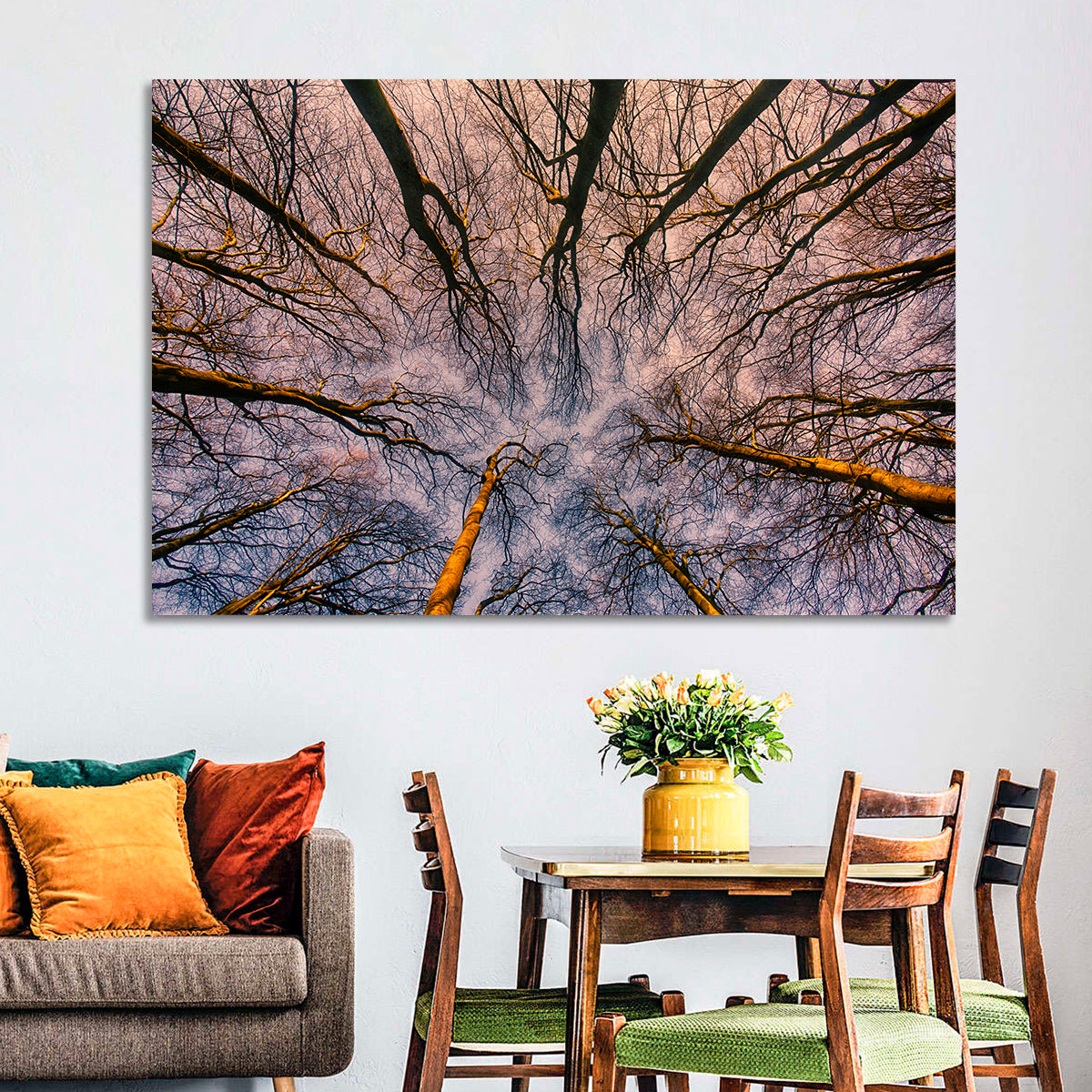 Misty Forest Canopy Wall Art in a room, landscape