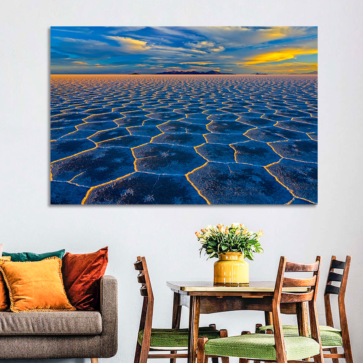 Salar De Uyuni Salt Flats at Sunset Wall Art in a room, landscape
