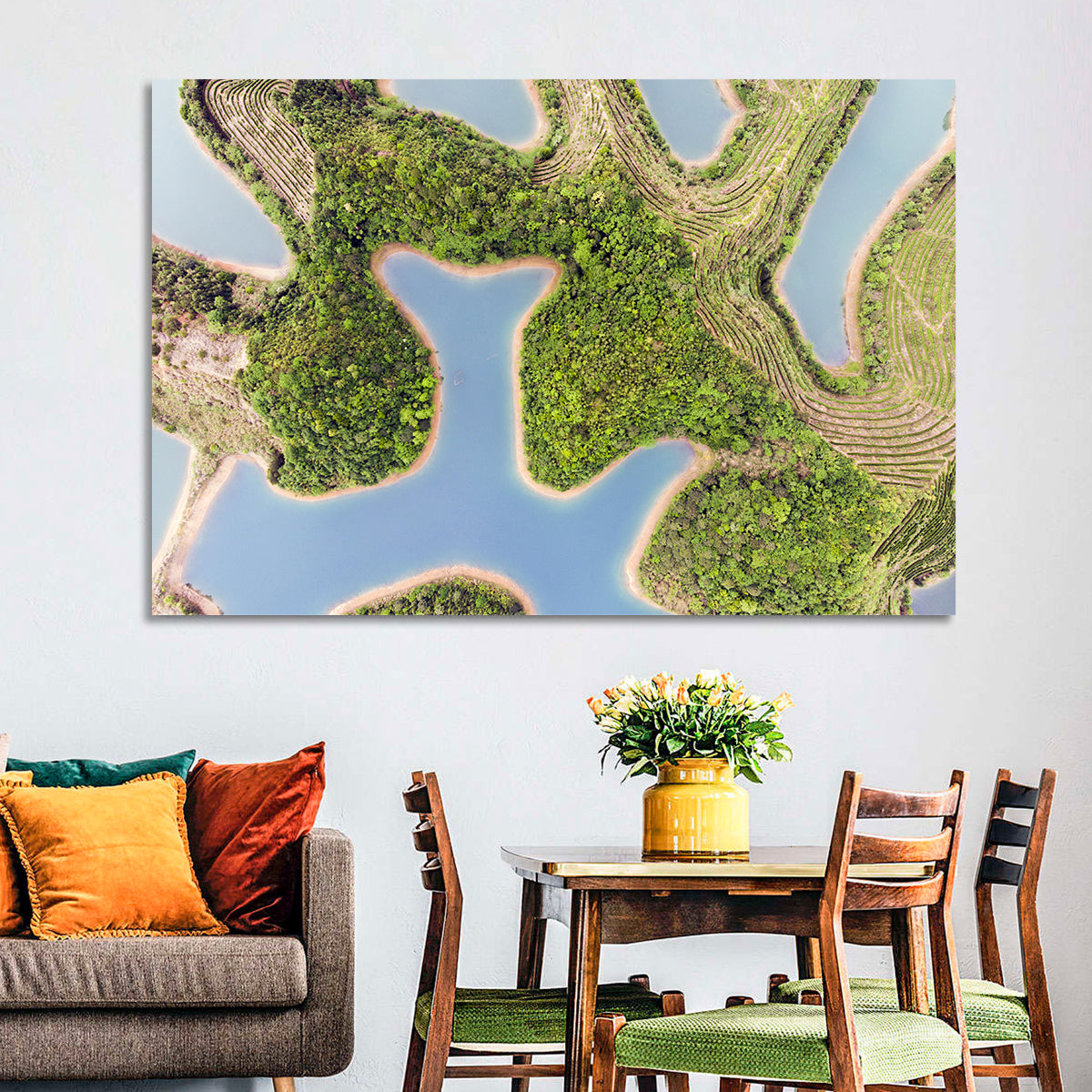 Thousand Island Lake Aerial View Wall Art in a room, landscape