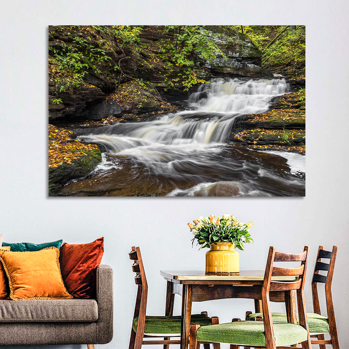 Cascading Autumn Waterfall Wall Art in a room, landscape