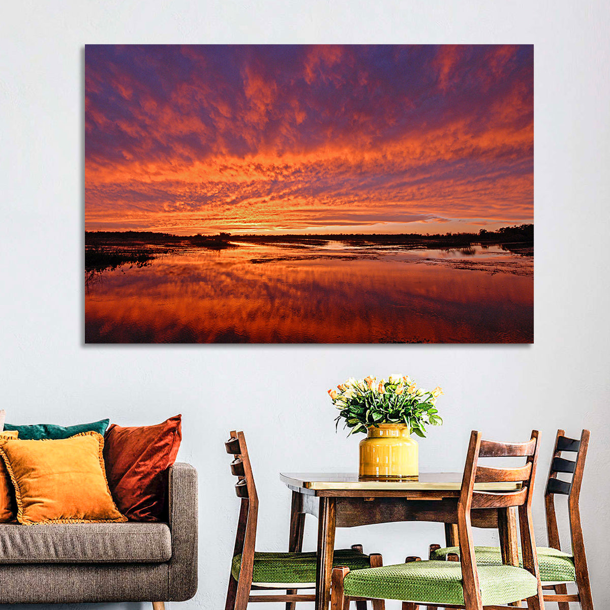 Louisiana Wetland Sunset Wall Art in a room, landscape
