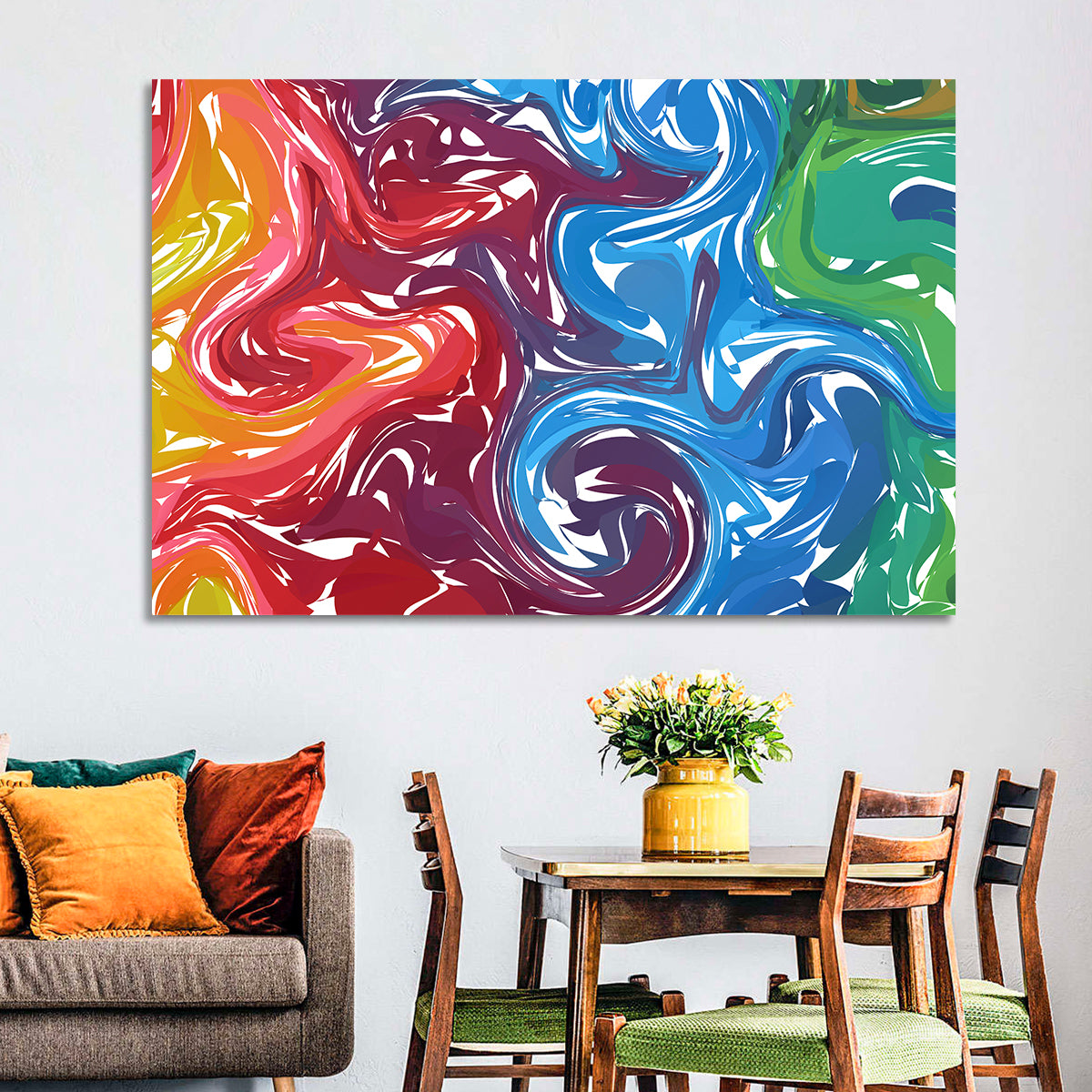 Marbled Color Flow Abstract Wall Art in a room, landscape