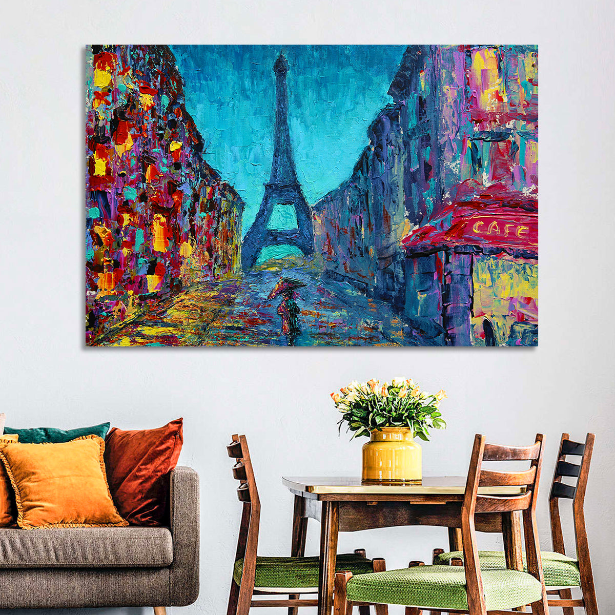 Rainy Paris Street with Eiffel Tower Wall Art in a room, landscape