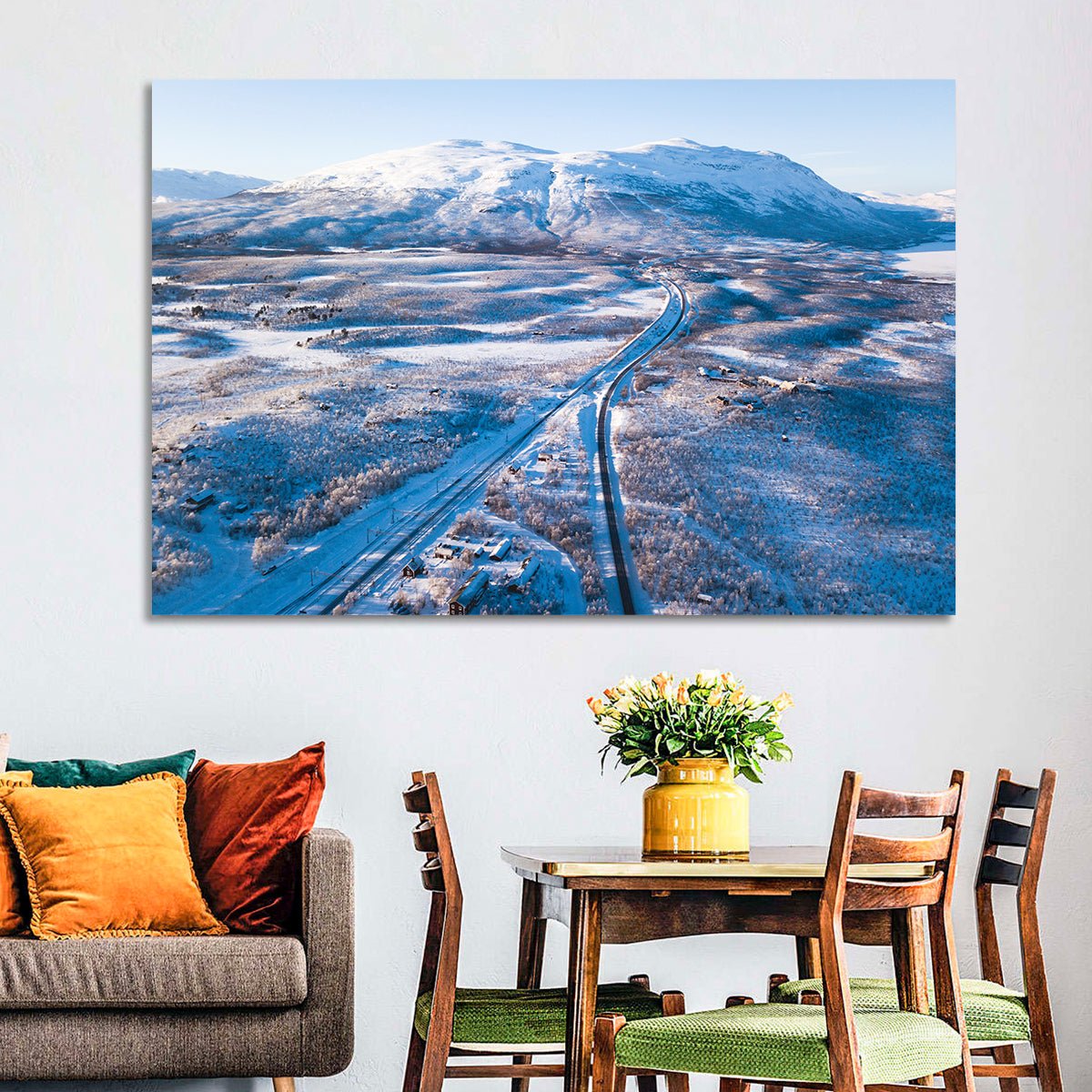 Snowy Valley with Parallel Tracks Wall Art in a room, landscape