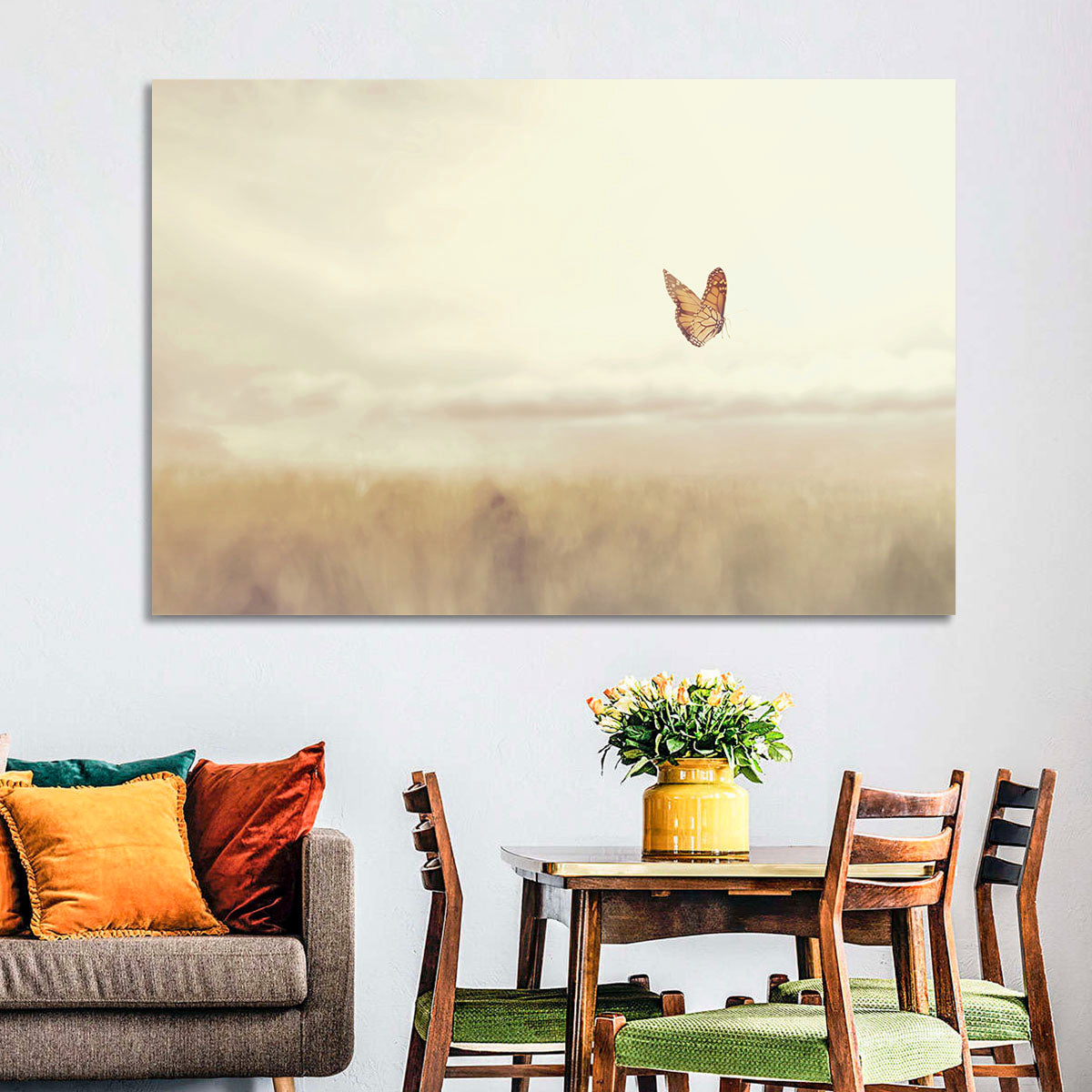 Monarch Over Beige Field Wall Art